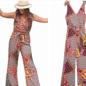 Anthropologie Mairi Jumpsuit Size Medium Wide Leg Shoulder Bows Patchwork Belted